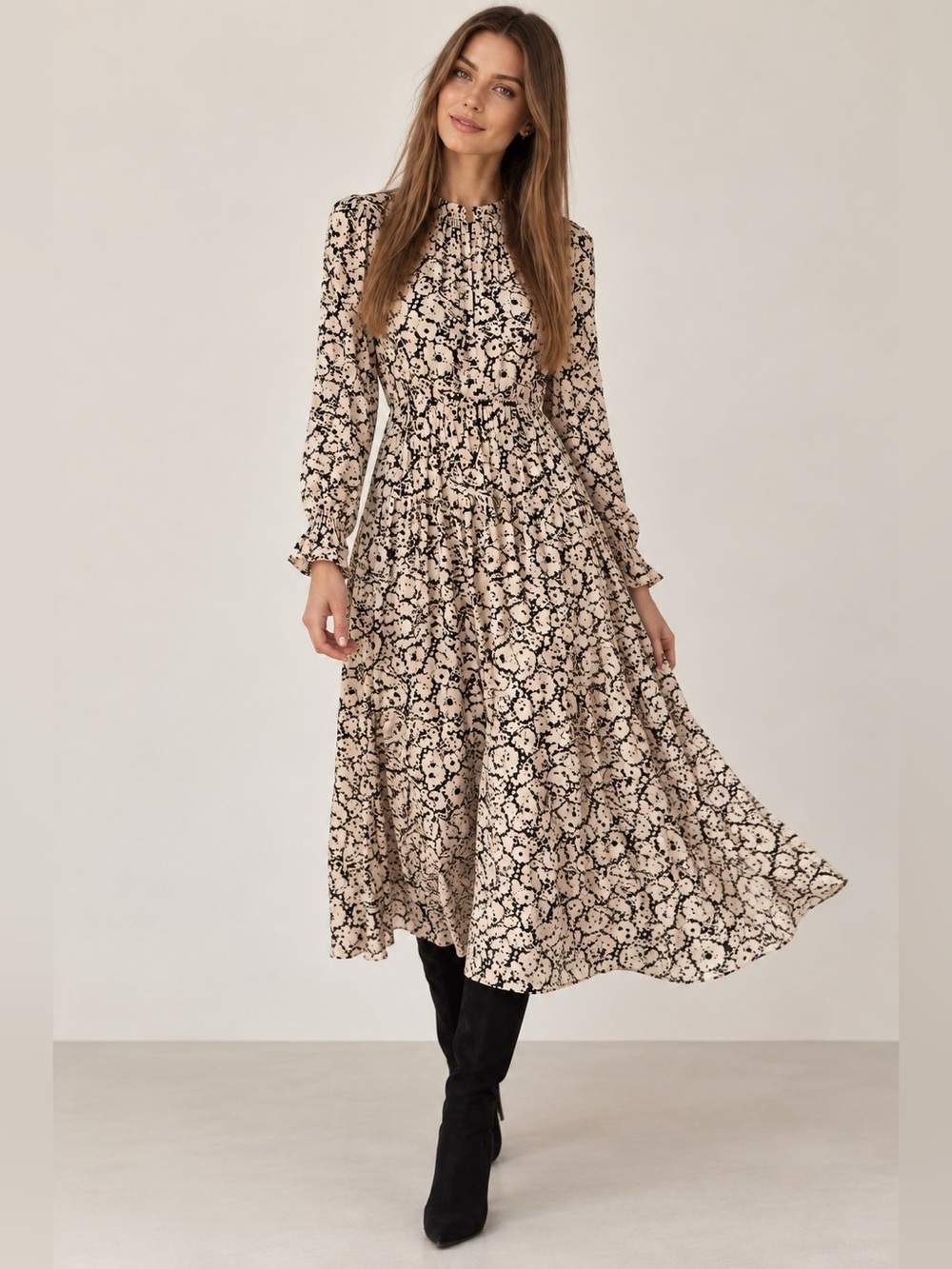ZARA Woman Black & Cream Floral Ruffle Neck Long Sleeve Maxi Dress Size S
